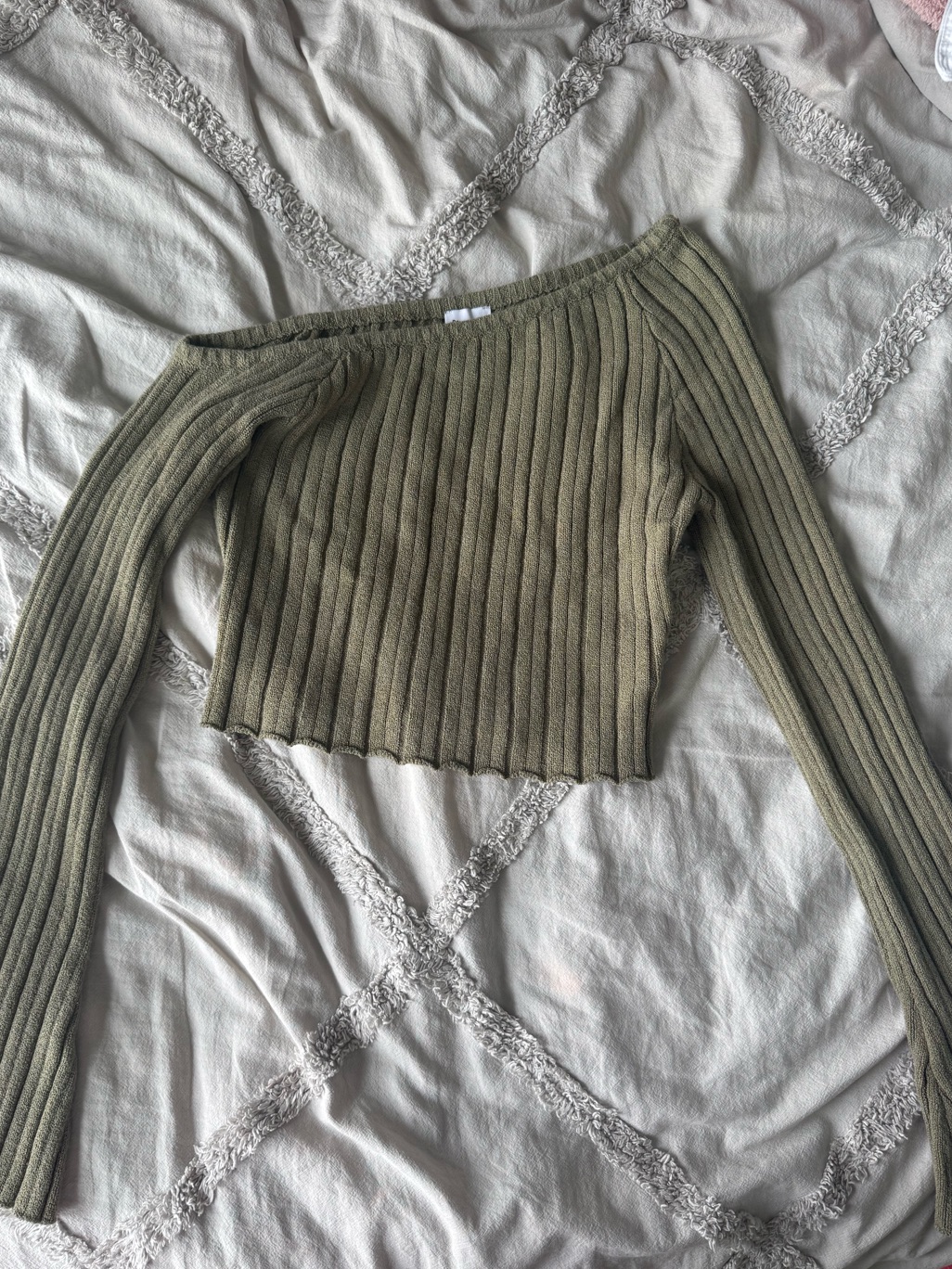 Princess Polly Olive Ribbed Off-The-Shoulder Cropped Sweater